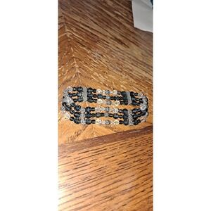 3 Strand Blue, White. Silver Beaded Stretch Bracelet